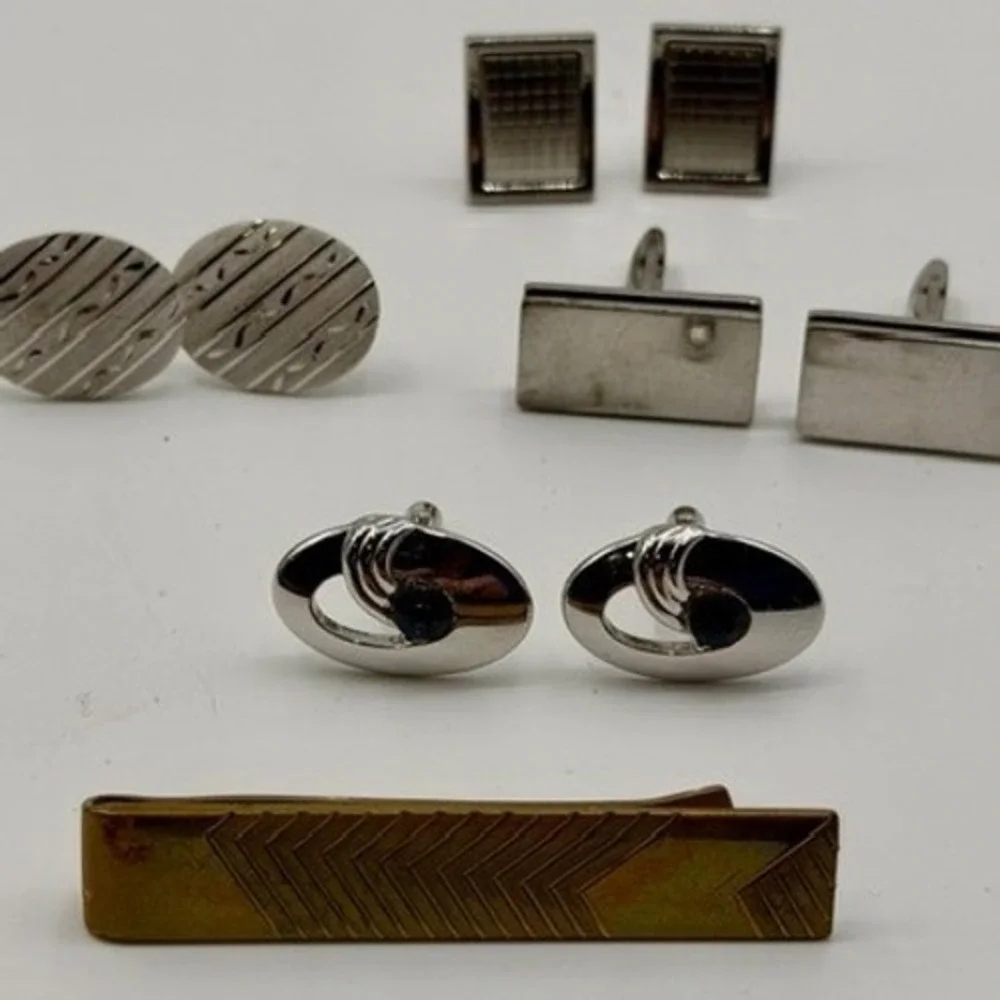 Vintage Swank Anson Mens Cufflinks Tie Bar Lot 5pc Silver Gold Tone Blue Stone